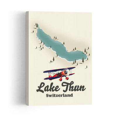 Biplane Over Lake Thun Retro Vintage Abstract Landscape Mountain Wall Art Print by Nicholas - Wrapped Canvas Print