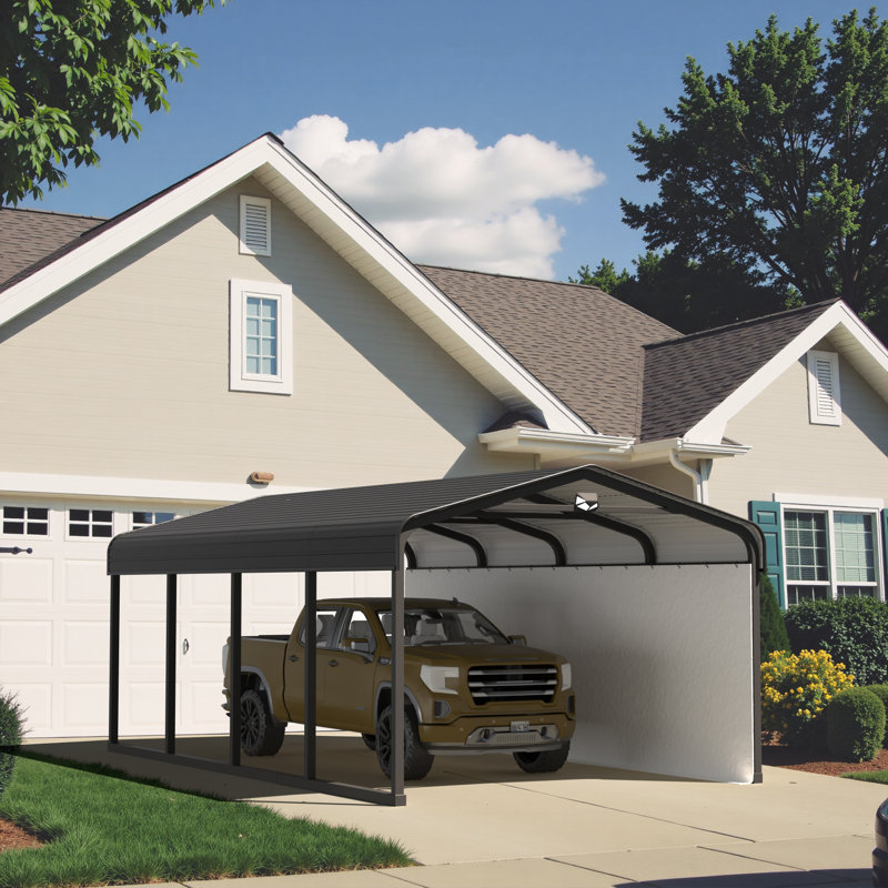 12 ft. W x 20 ft. D Outdoor Galvanized Steel Carport with Fabric Sidewall & Metal Frame, Heavy-duty Garage with Solar Lamp for Cars, Trucks, RV, Snow & UV Protection