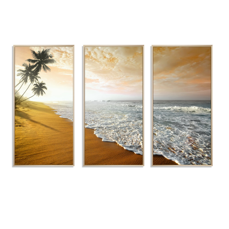 «Wavy Clouds over Seashore», photographie flottante sur toile 3 pièces, Cadre naturel, H 20 po x l 36 po x P 1 po