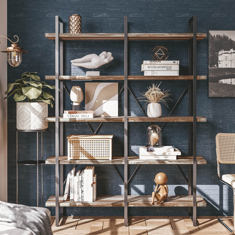 Wynot 70 H x 53.1 W Bookcase Double Wide 5 Tiers, Etagere Industrial Bookshelf with Metal Frames, Bookcase with Open Display Shelves