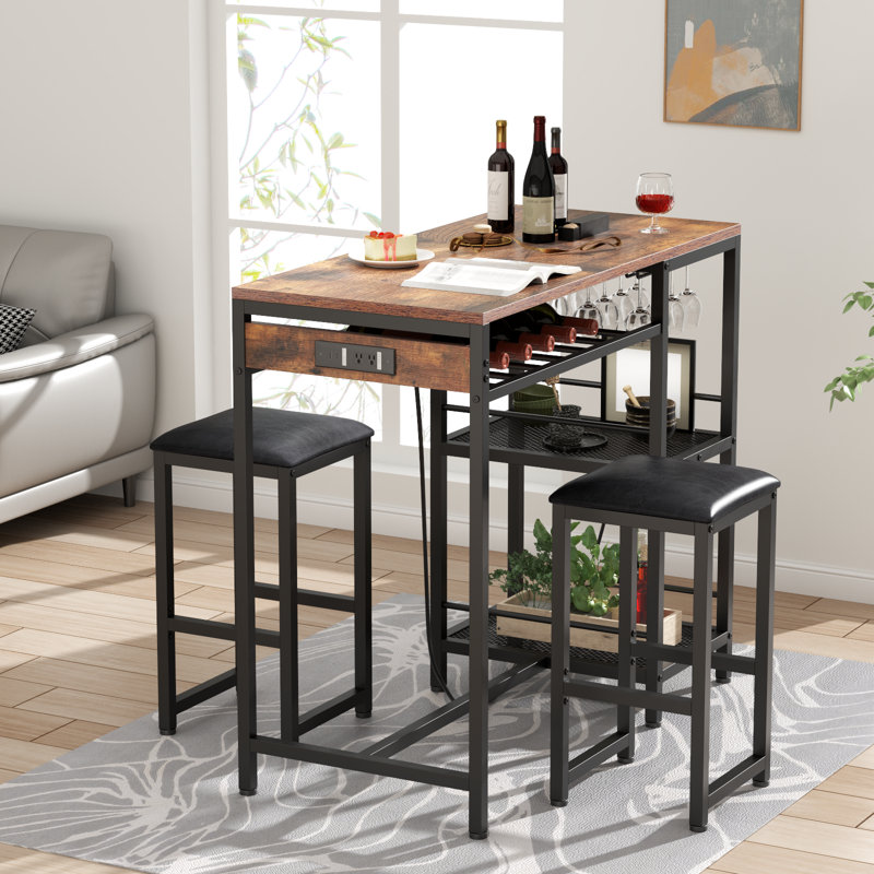 Bar Table and Chairs Set with Power Outlet, Pub Table and Chairs Set for 2 with 2 Storage Shelves, Brown