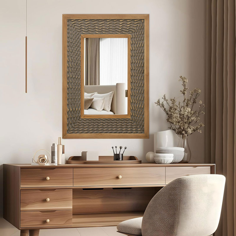 Rectangular Mirror with Textured Wooden Frame, Gray Wood