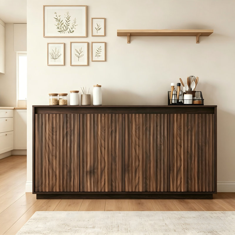 Walnut Wood Four-Door Sideboard With Handle-Less Wavy Texture, Dining Room Storage Cabinet With Power Outlet.