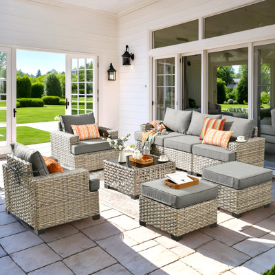 Ensemble de 8 meubles de patio modulaires en osier avec coussins 8 pièces