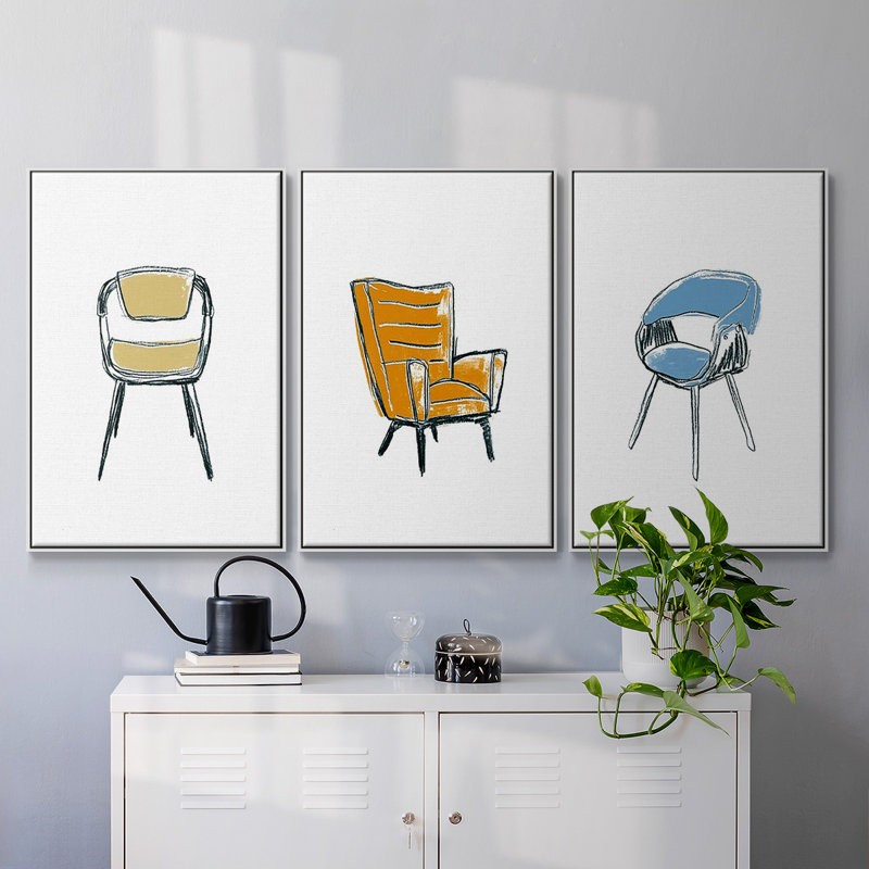 «Take a siège I», ensemble de 3 reproductions encadrées sur toile, Cadre blanc, H 27 po x l 54 po x P 2 po