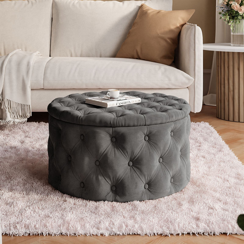 CHESTERFIELD Round Upholstered Pouf Hocker 70 cm, Grey Polyester