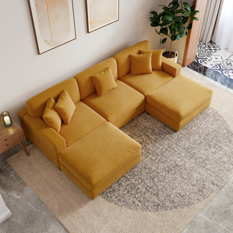 Milbrey 5-Piece Upholstered Orange Corduroy Modular Sectional Sofa With Removable Ottomans & Throw Pillows, Orange Corduroy