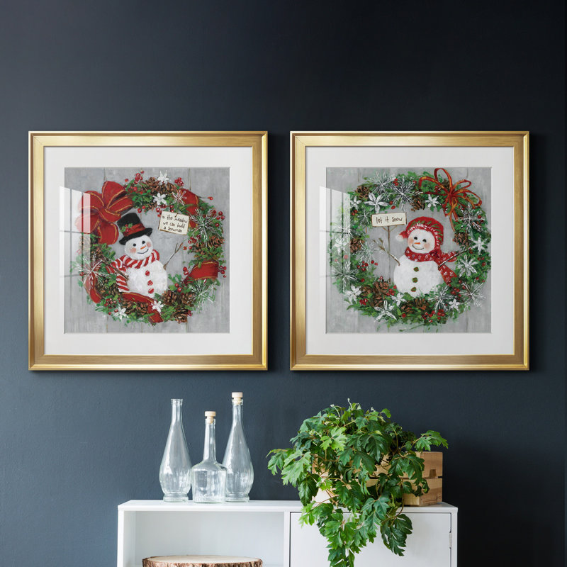 Mr. Snowman - Ensemble de 2 reproductions d'art encadrées, H 17,5 po x l 35 po x P 1,5 po, Papier encadré doré, Blanc