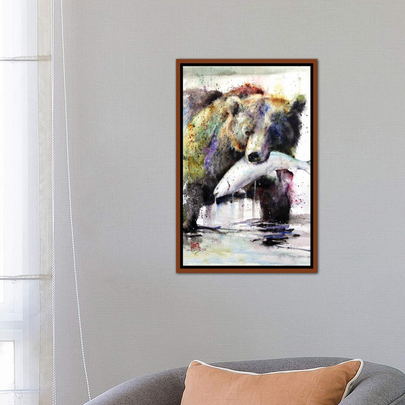 «Brown Bear and Salmon» - reproduction, Cadre bois classique, H 18 po x l 26 po x P 1,5 po