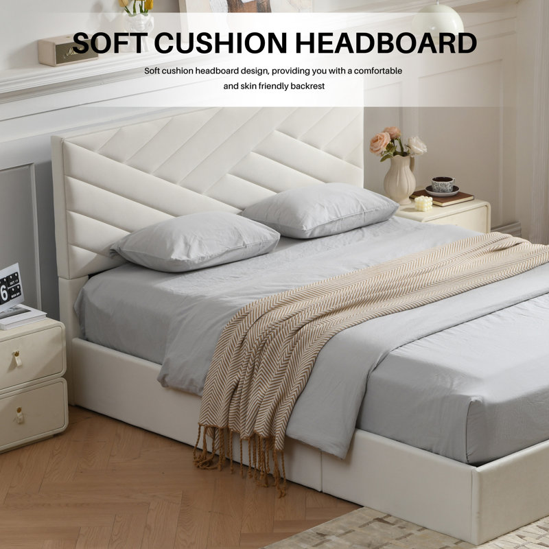 Full Size Upholstered Lift-Up Storage Platform Bed with Chevron Padded Headboard, No Box Spring Required Hydraulic Storage Bed