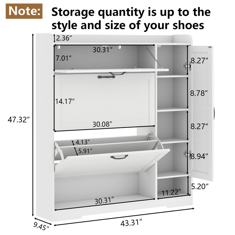 Armoire à chaussures avec 2 tiroirs rabattables, range-chaussures autoportant avec armoire latérale, Blanc