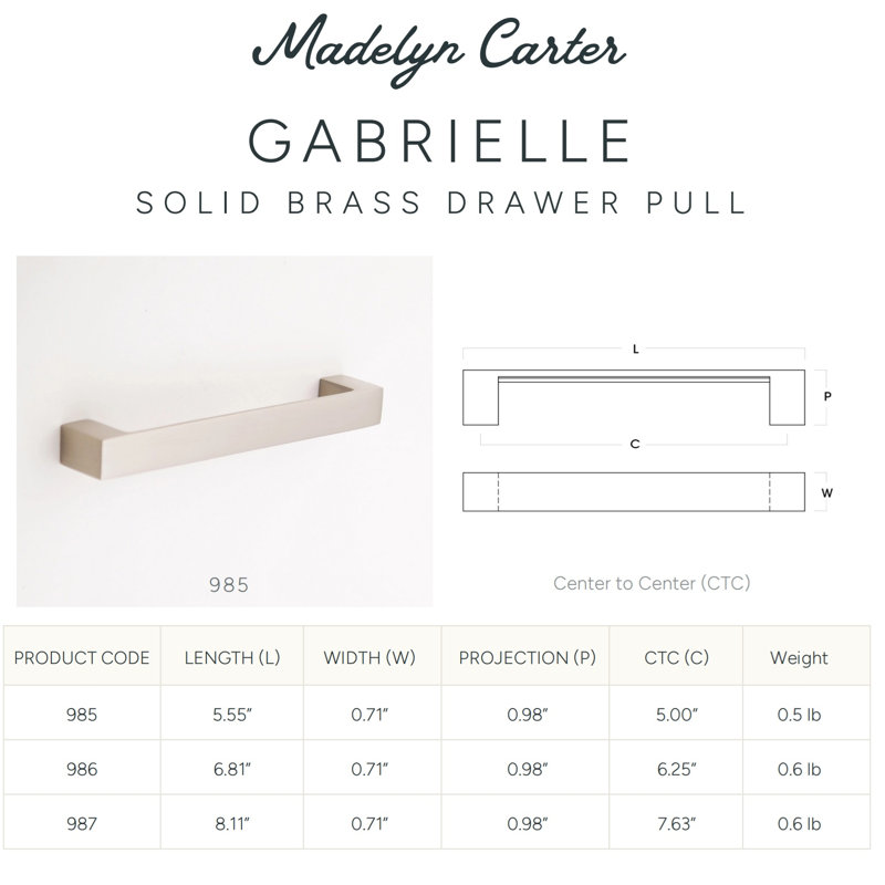 Madelyn Carter Gabrielle Solid Brass Drawer Pull, 7 5/8", Matte Black