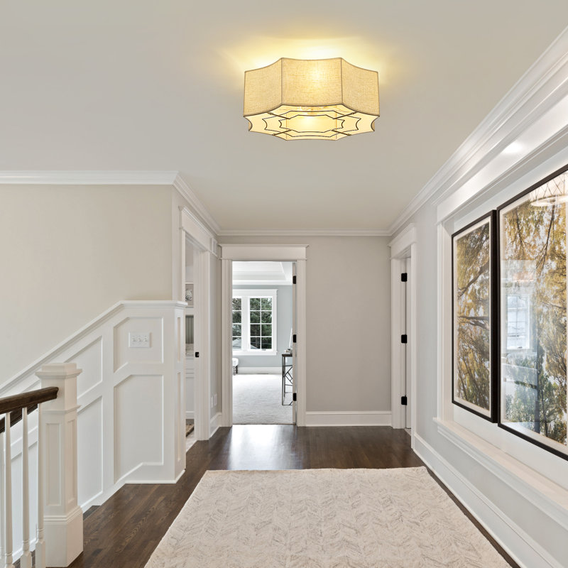 19.3" Low Profile Caged Ceiling Fan with Linen Shade, Light and Remote Control