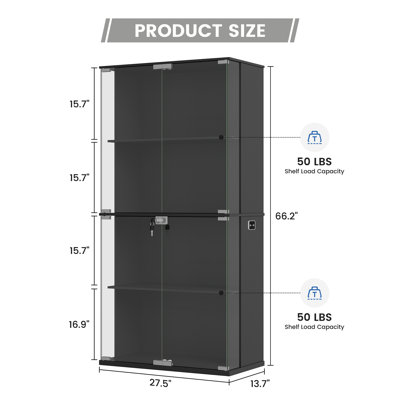 Display Cabinet With Glass Doors, 66" Lighted Display Case With 3 Color Lights, 4-tier Bookcase With Human Body Sensor
