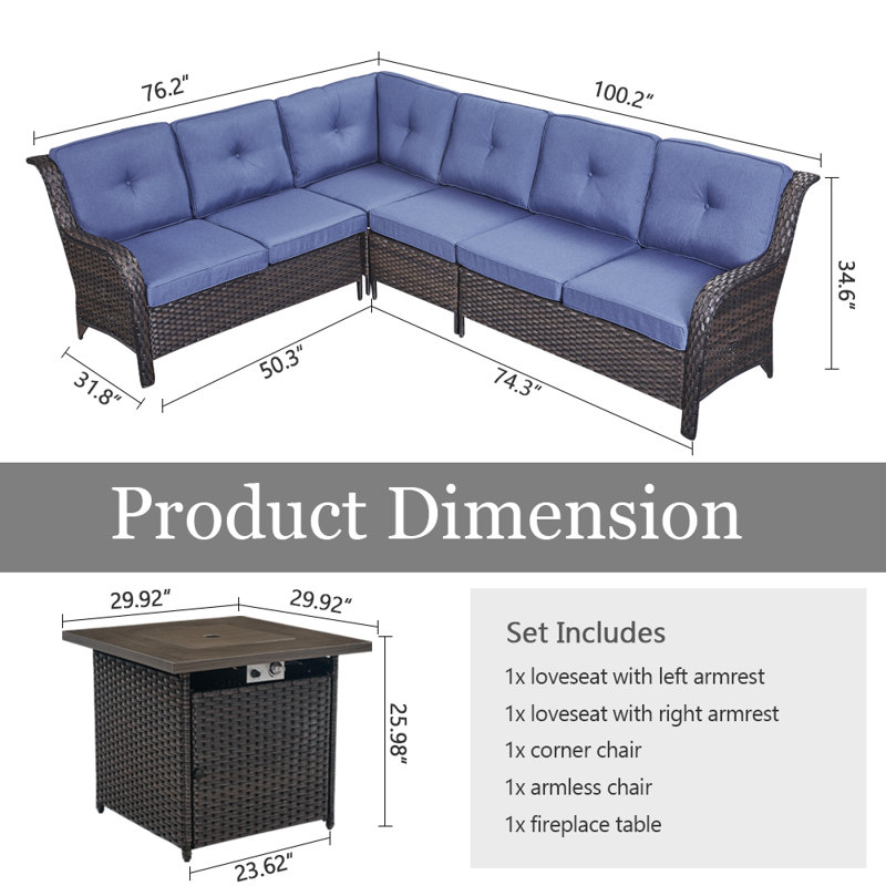 Ensemble de conversation d'extérieur pour 6 personnes avec foyer et coussins Bonia, Bleu, Brun