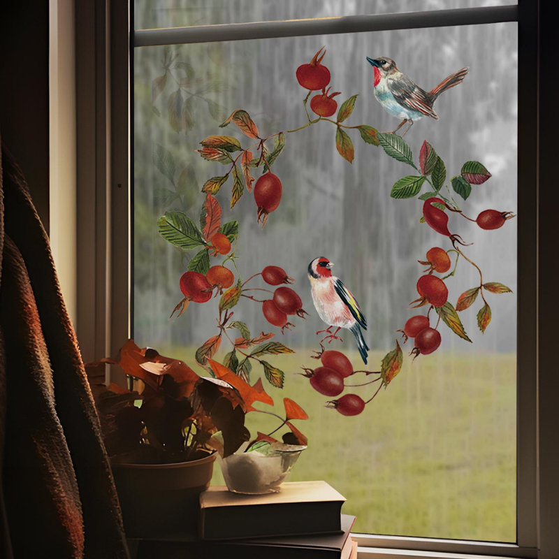 Autocollant de fenêtre rétro «Sparrows and Berries» qui n'endommage pas le mur