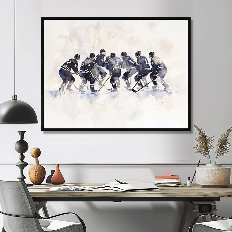 Équipe de hockey avant un jeu III, H 34 po x l 44 po, Impression dans un cadre flottant sans passe-parto, Noir