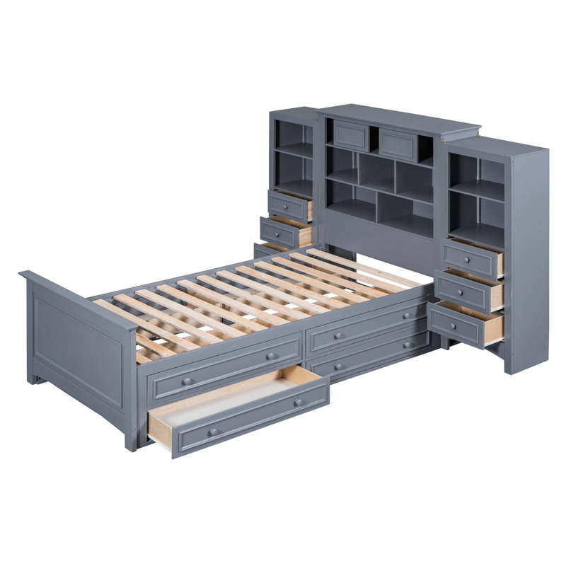 Gray Twin Size Wood Bed With Integrated Cabinet, 4 Smooth - Running Drawers On Each Side, And 12 Storage Compartments At Headboard For Elegant Bedroom Organization Solid Platform Vertical All In One