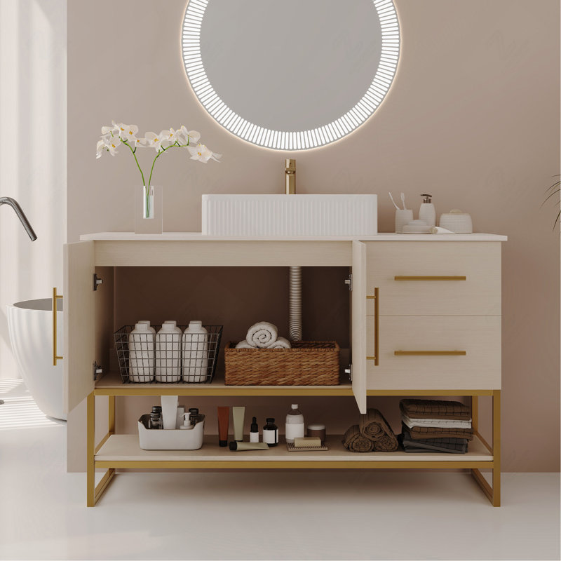 Évier 47,2 po en céramique, armoire autoportante avec accents dorés
