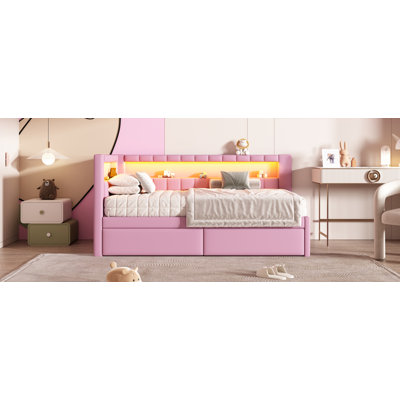 Lit plateforme tapissier simple avec ports USB et ceinture à DEL, avec 2 tiroirs, rose