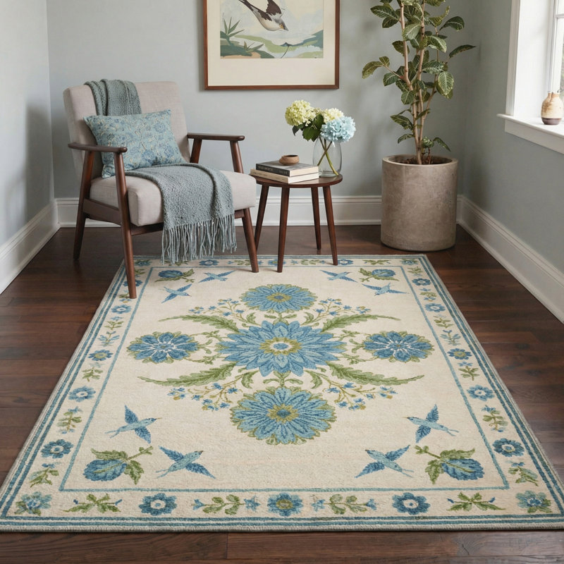 Tapis d'intérieur bleu / beige / vert à motif floral lavable à la machine Aura, Rectangle 6 pi x 9 pi