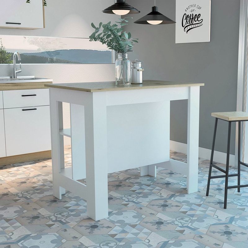 Kitchen Island, Four Legs, Three Shelves, Black, Natural