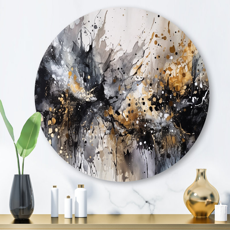 Gris délicat et délicat, coups de pinceau abstraits III - marbre abstrait, art mural rond sur métal