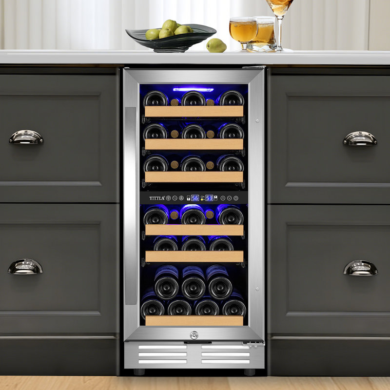 15" Wine Premium Refrigerator 30 Bottle Dual Zone Wine Cooler with Two Handle and Reversible Hinge
