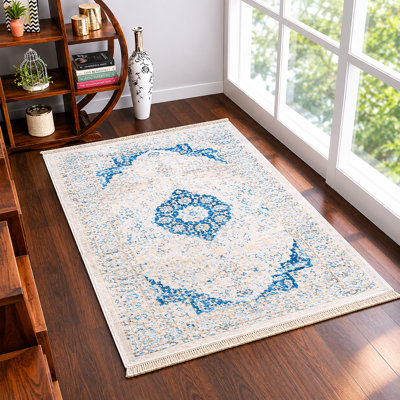 Machine Made Polyester Area Rugs - Rectangle | Ivory Color, Oriental Design, Low Pile Machine Made Area Rugs for Living Room, Bed Room