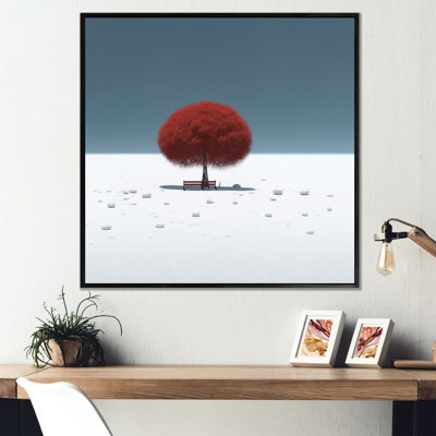 Arbre rouge et banc Kerben dans la neige II sur toile