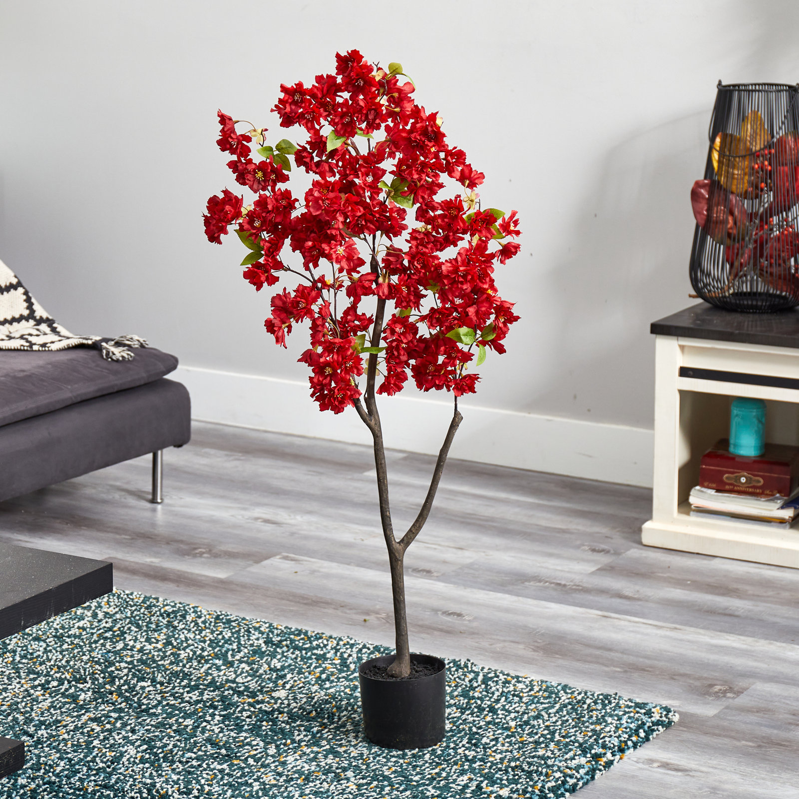 Faux Cherry Blossom Tree in Planter, 48" H x 23" W x 6" D, Red