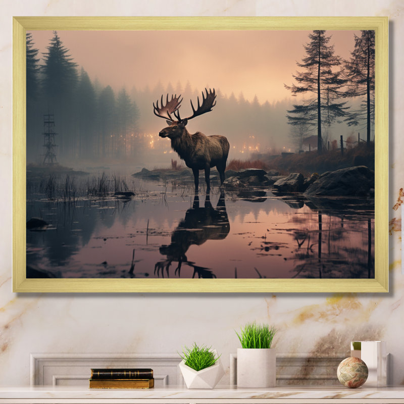 «Brown Peach Moose Misty Morning», reproduction sur toile, H 34 po x l 44 po x P 1,5 po, Cadre doré à une seule photo