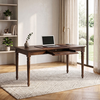 Arwyn 60” Farmhouse Wood Writing Desk with Fold-Flat Keyboard Drawer, Cable Management & Turned Rubberwood Legs for Home Office