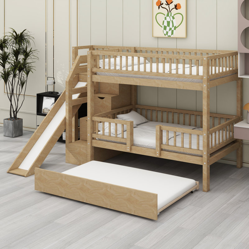 Structure de lit superposé ludique avec escalier de rangement, glissade amusante et lit gigogne pratique, Walnut