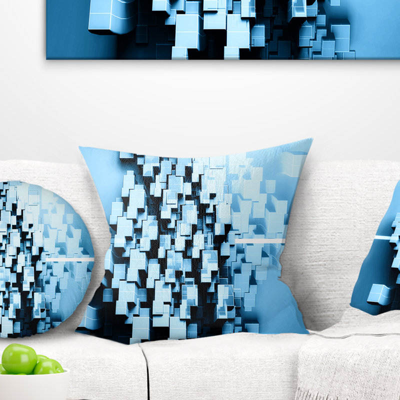 Motif fractal bleu en cubes 3D - coussin abstrait imprimé, 18 po x 18 po, Coussin décoratif