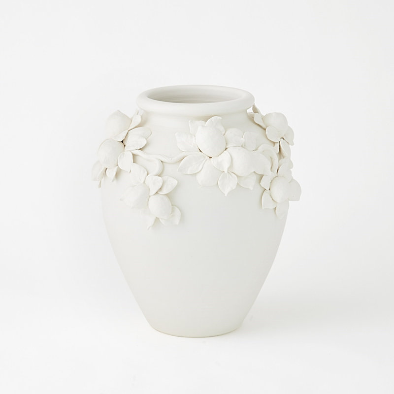 Matte White Ceramic Decorative Urn with Floral Design