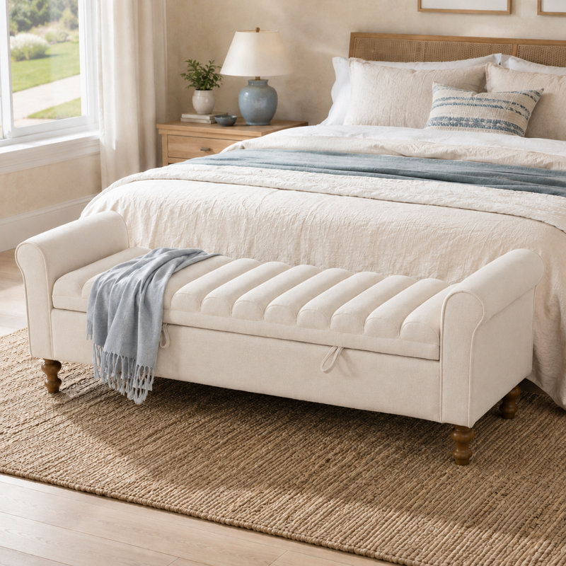 Banc de rangement contemporain luxueux, capitonné, avec siège à canaux, accoudoirs roulés et compartiment caché, idéal pour la chambre, le salon, l'entrée et les dortoirs.