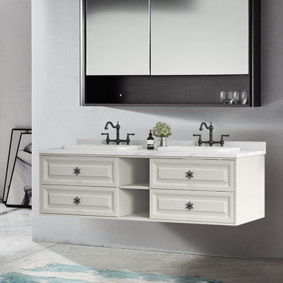 Meuble-lavabo mural flottant avec comptoir, 4 tiroirs et 2 tablettes, sans lavabo, kaki