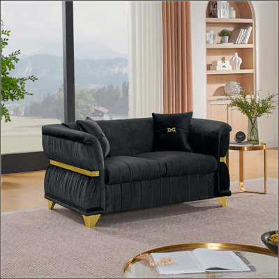Modern Velvet Loveseat Sofa with 2 Pillows, Upholstered Accent Couch with Gold Metal Trim, Tapered Gold-Tone Legs & Curved Armrests for Living Room, B