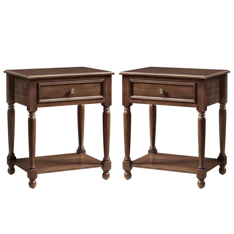 Table de chevet traditionnelle en bois de 60 cm de haut avec tiroir et tablette, pieds tournés (lot de 2), noyer, Noyer