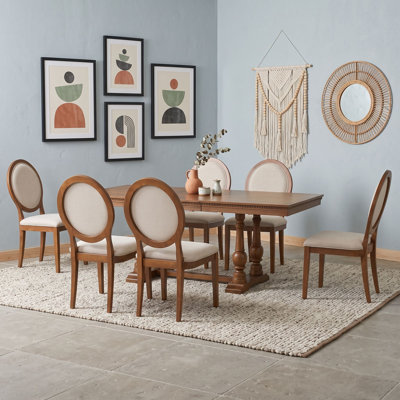 7-Piece Extendable Dining Table Set with Upholstered Oval-Back Chairs, Rectangular Dining Table with Removable Leaf
