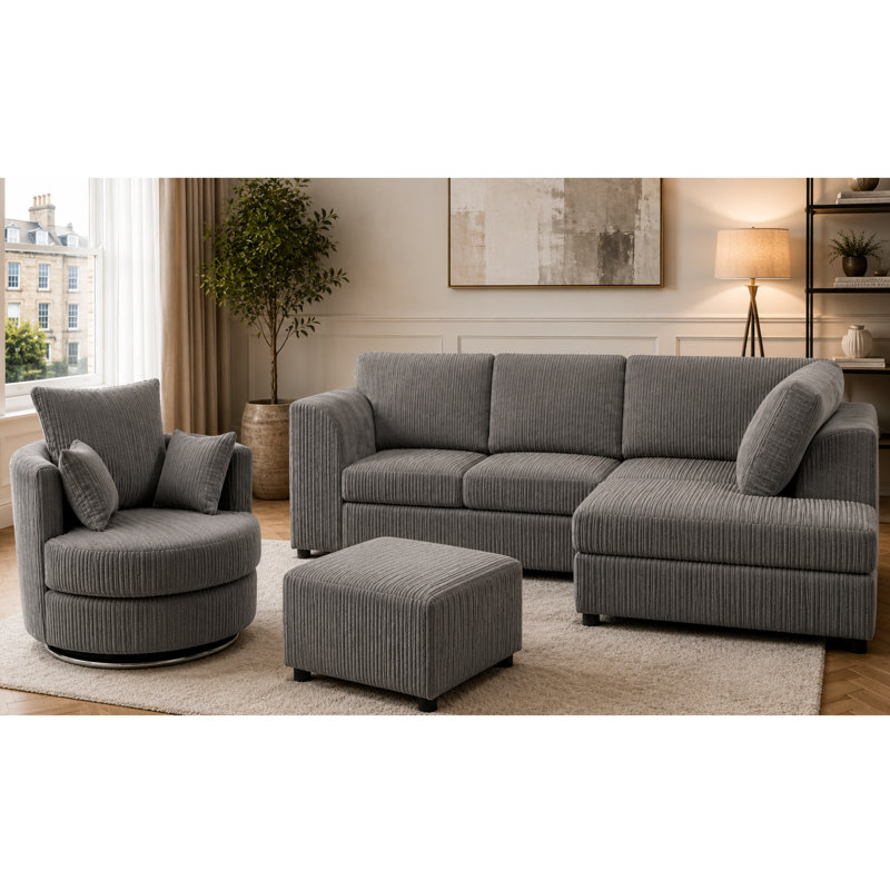 4 Seater Corduroy Sofa & Chaise, Right Hand Facing, Charcoal