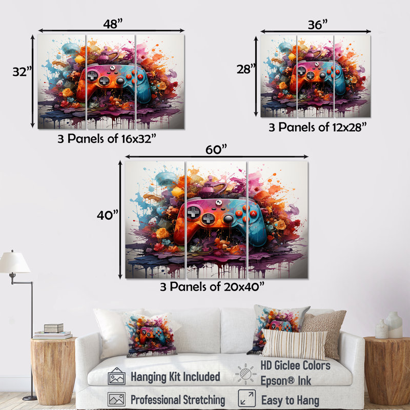 Neon abstrait jeu vidéo contrôleur - art mural jeux vidéo, H 40 po x l 61 po