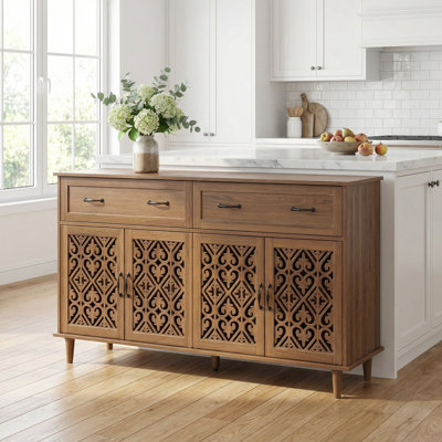 Vintage Style Sideboard Buffet Cabinet with Hand-Carved Floral Doors, Distressed Light Wood Finish, Two Drawers and Four Doors for Ample Storage, Featuring Metal Handles and Raised Legs for Easy Cleaning, Ideal for Living Room or Dining Area