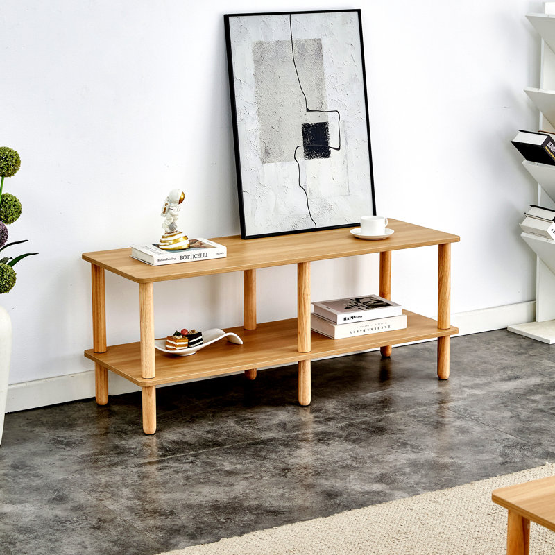 Modern 2-Tier Tv Stand For Living Room Furniture,Rectangular Centre Table With Open Storage Shelf,Rounded Rubberwood Legs,Stable And Durable,Easy Assembly