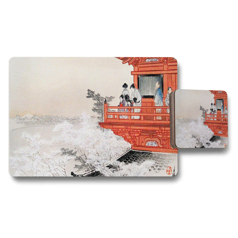 Japanese Pagoda Scene Placemats And Coasters Set With Traditional Artwork