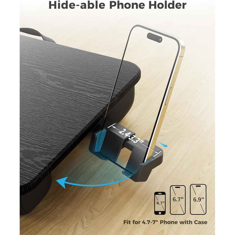 Bureau pour ordinateur portable avec coussin et tiroir de rangement - Plateau pour ordinateur portable avec support pour téléphone