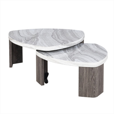 Living Room Nesting Cocktail Table with Hidden Casters, Classic Gray Marble Pattern, Space-Saving Design