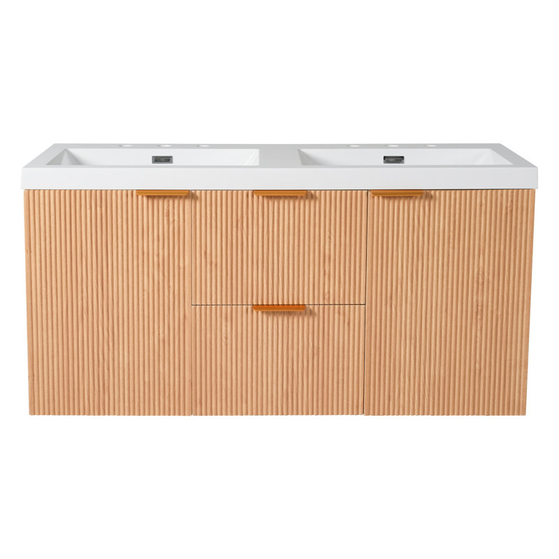 Meuble-lavabo double 47,24 pouces avec comptoir en bois massif, armoire en panneau de fibres à densité moyenne, portes à fermeture en douceur, tiroirs divisés, meuble-lavabo mural moderne