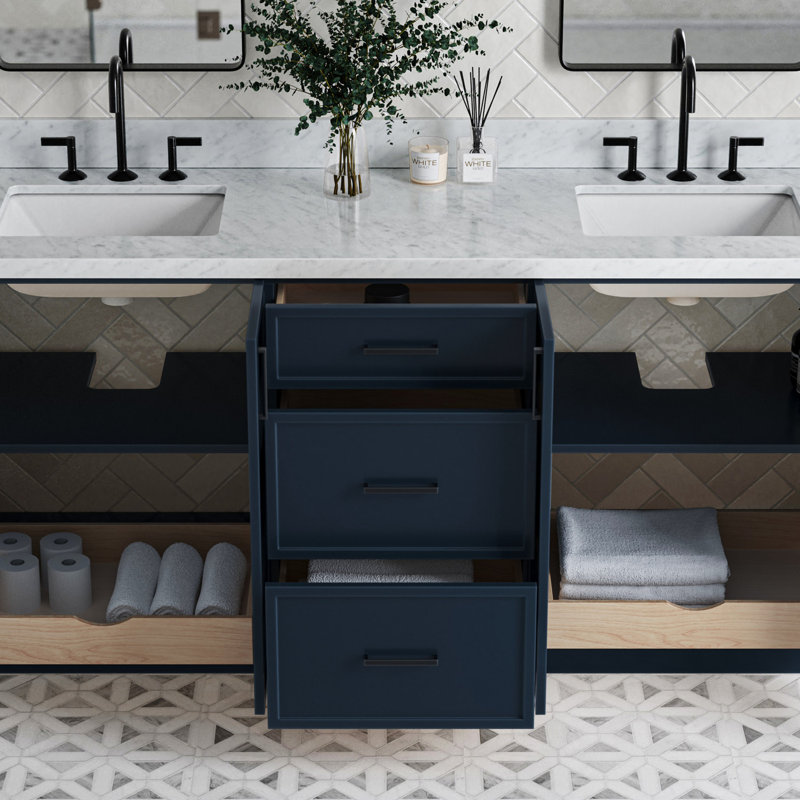 ARIEL Kelly 73 Double Sink Bathroom Vanity with Italian Carrara Marble Top, Midnight Blue